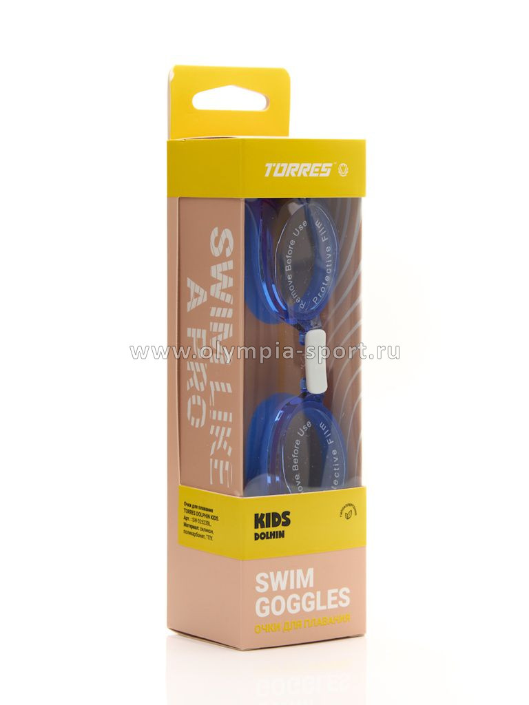 Очки для плавания детские TORRES Dolphin Kids, голубые линзы, синяя оправа, 2-5лет